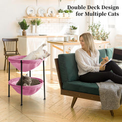 JUNSPOW double-deck cat bed pink top view shows spacious upper and lower sleeping areas
