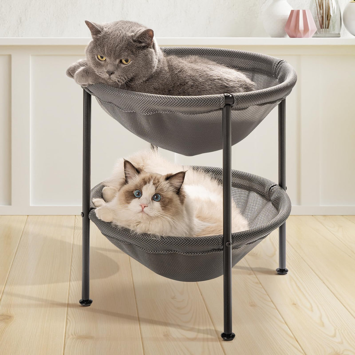 JUNSPOW double-deck cat bed offers shared lounging space for two cats.