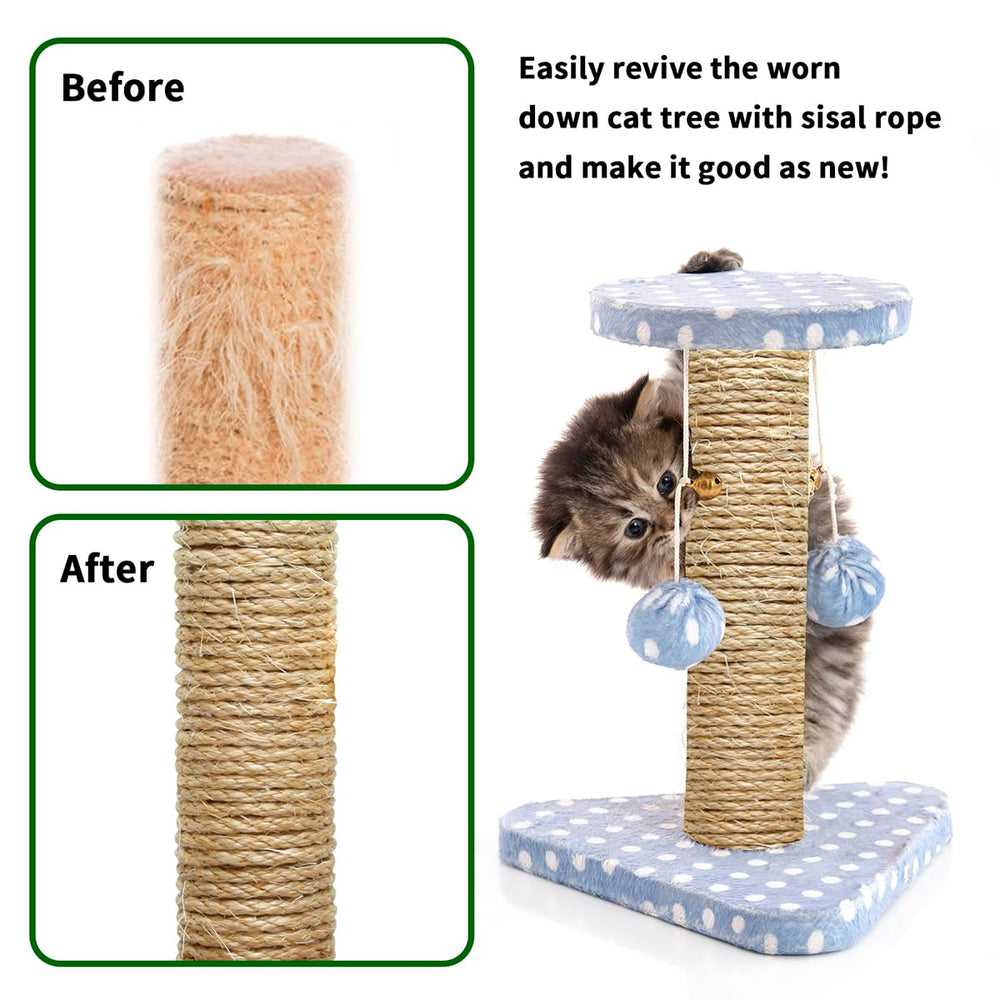 Juomid Cat Sisal Rope 6mm 98ft wrapped around a scratching post for replacement.