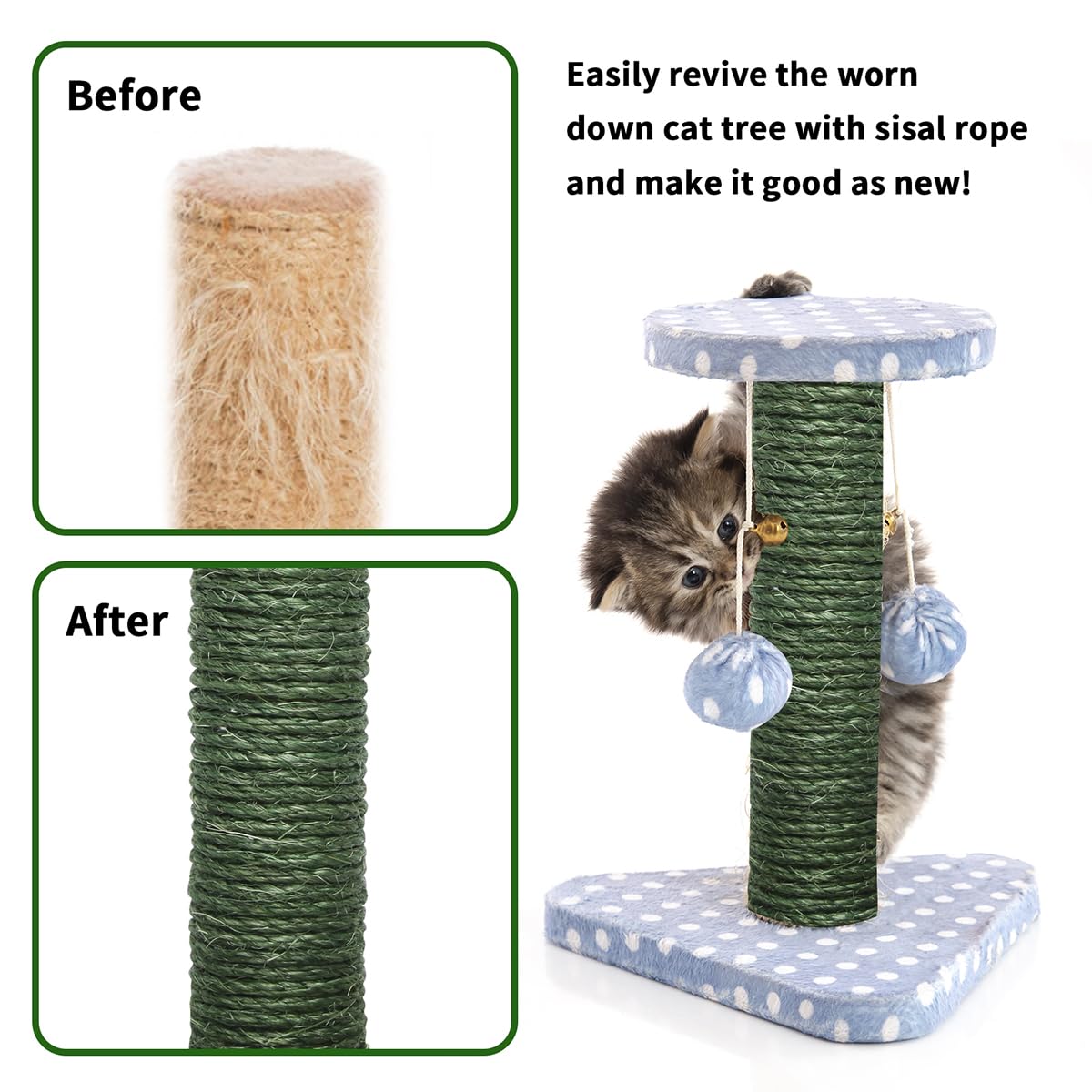 Juomid Green Sisal Rope wrapped on a cat scratching post for durability
