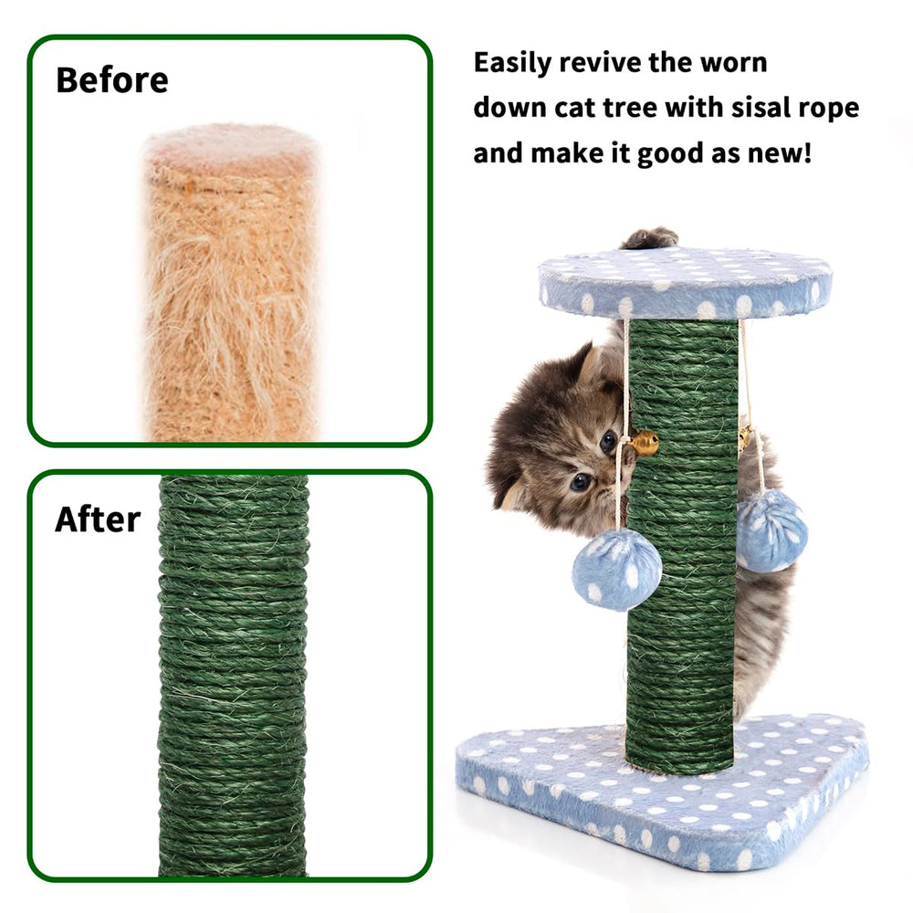 Juomid Green Sisal Rope wrapped on a cat scratching post for durability