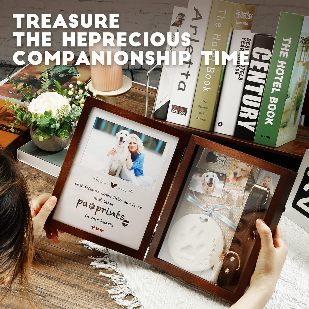 JupDec 8x10 brown shadow box frame holds photos and mementos.