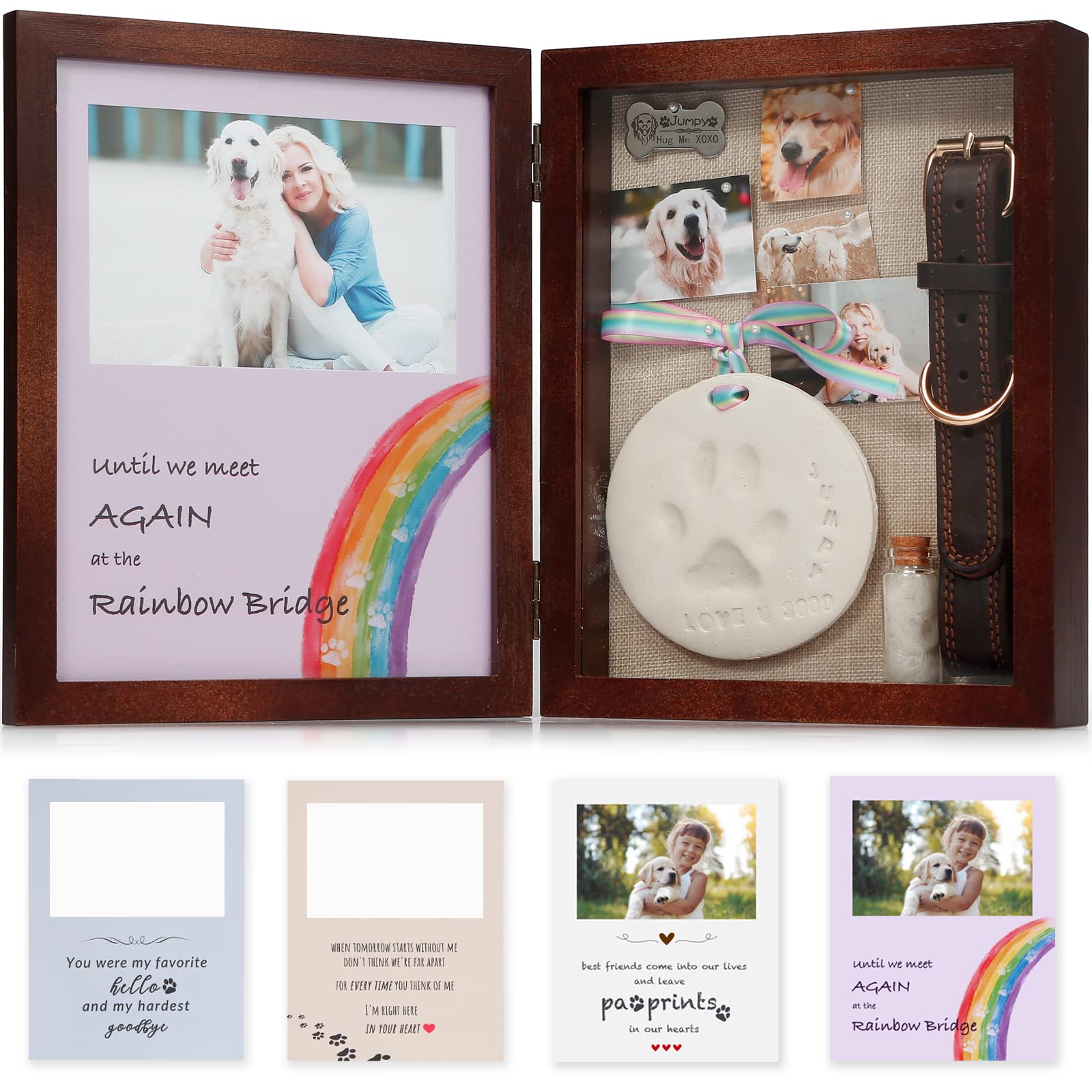 JupDec dog memorial shadow box frame in brown displaying cherished keepsakes.