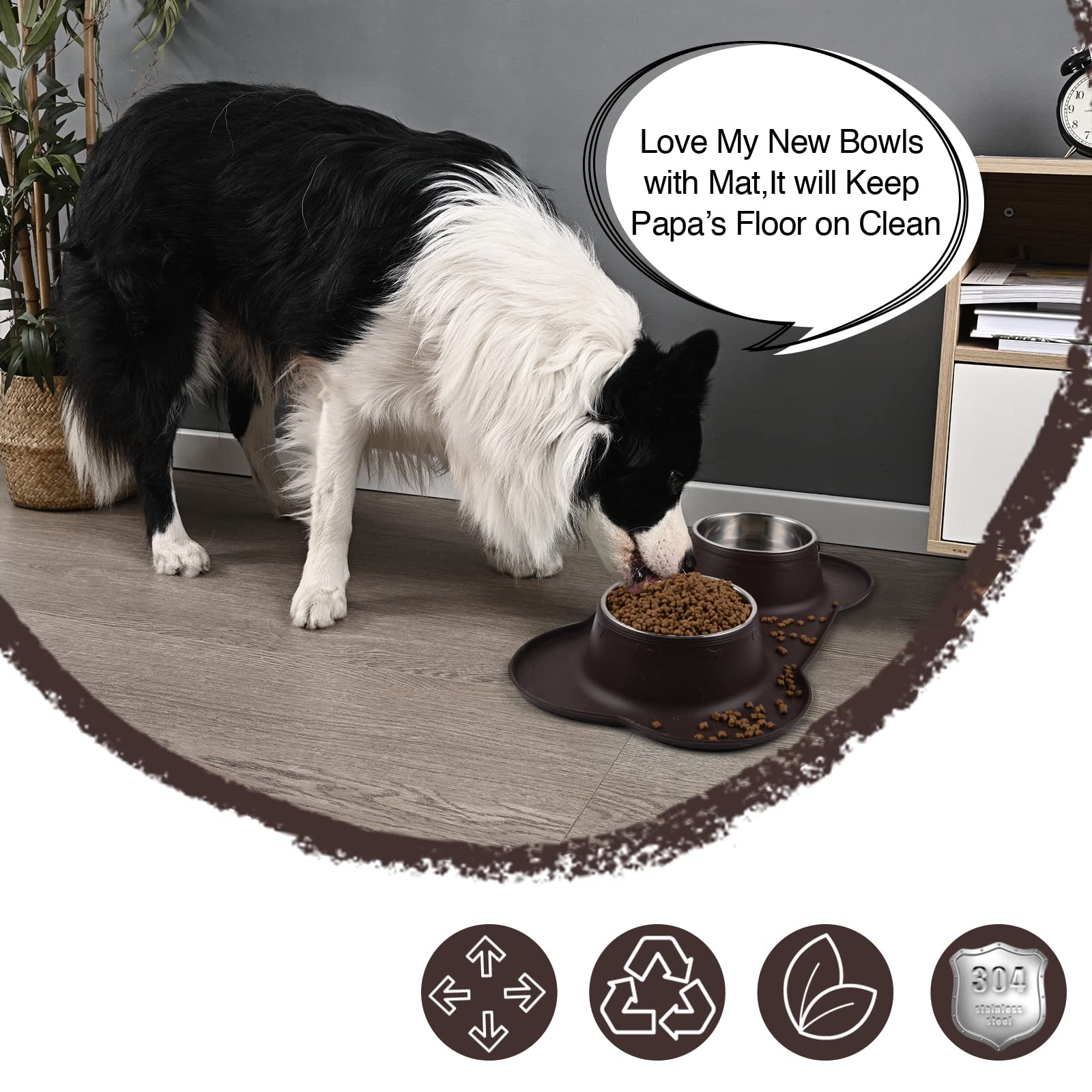Juqiboom two-bowl feeding setup supports water and food separation.