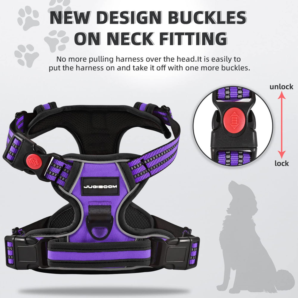 Juqiboom no-pull harness purple back view highlighting reflective strip for safer night strolls.