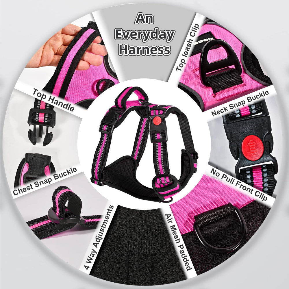 Juqiboom reflective straps no-pull harness pink enhances visibility during low-light walks.