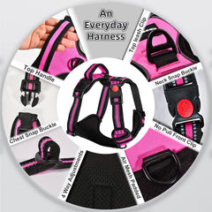 Juqiboom reflective straps no-pull harness pink enhances visibility during low-light walks.