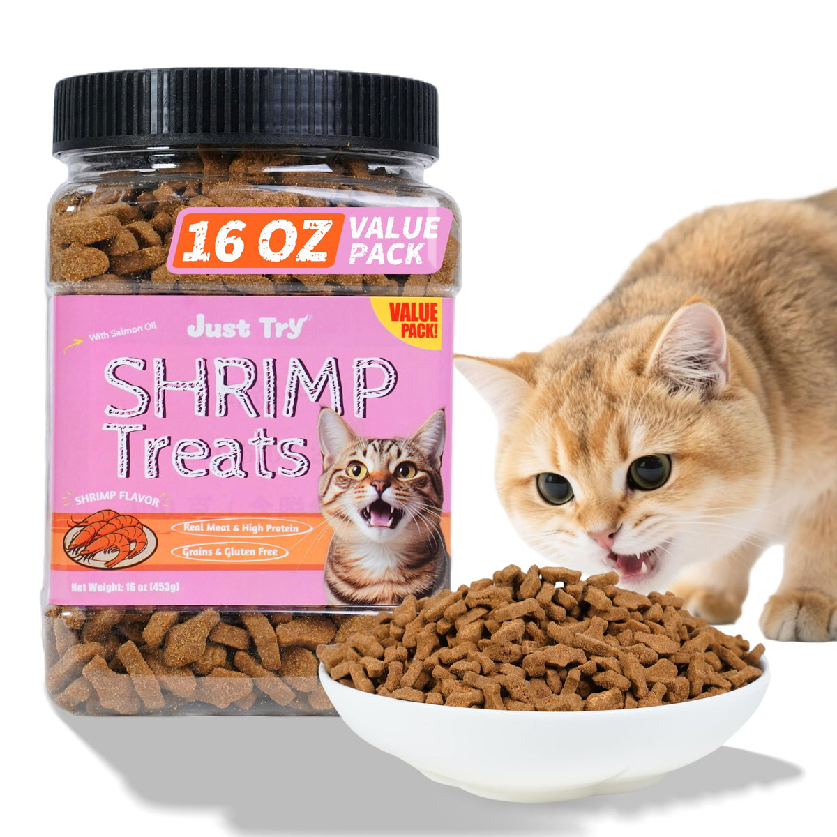 Just Try 16 OZ Shrimp Cat Treats bag closeup — tasty training reward for cats