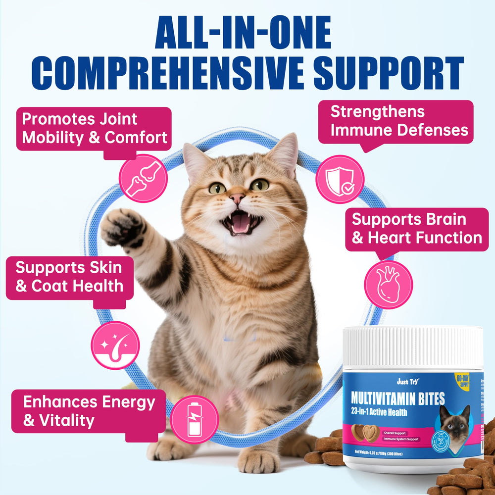 Just Try 23 in 1 Taurine cat bites omega-3 image highlights glossy coat benefits.