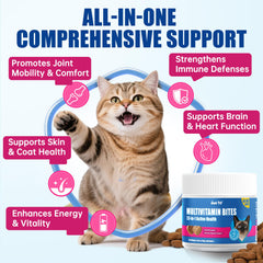 Just Try 23 in 1 Taurine cat bites omega-3 image highlights glossy coat benefits.