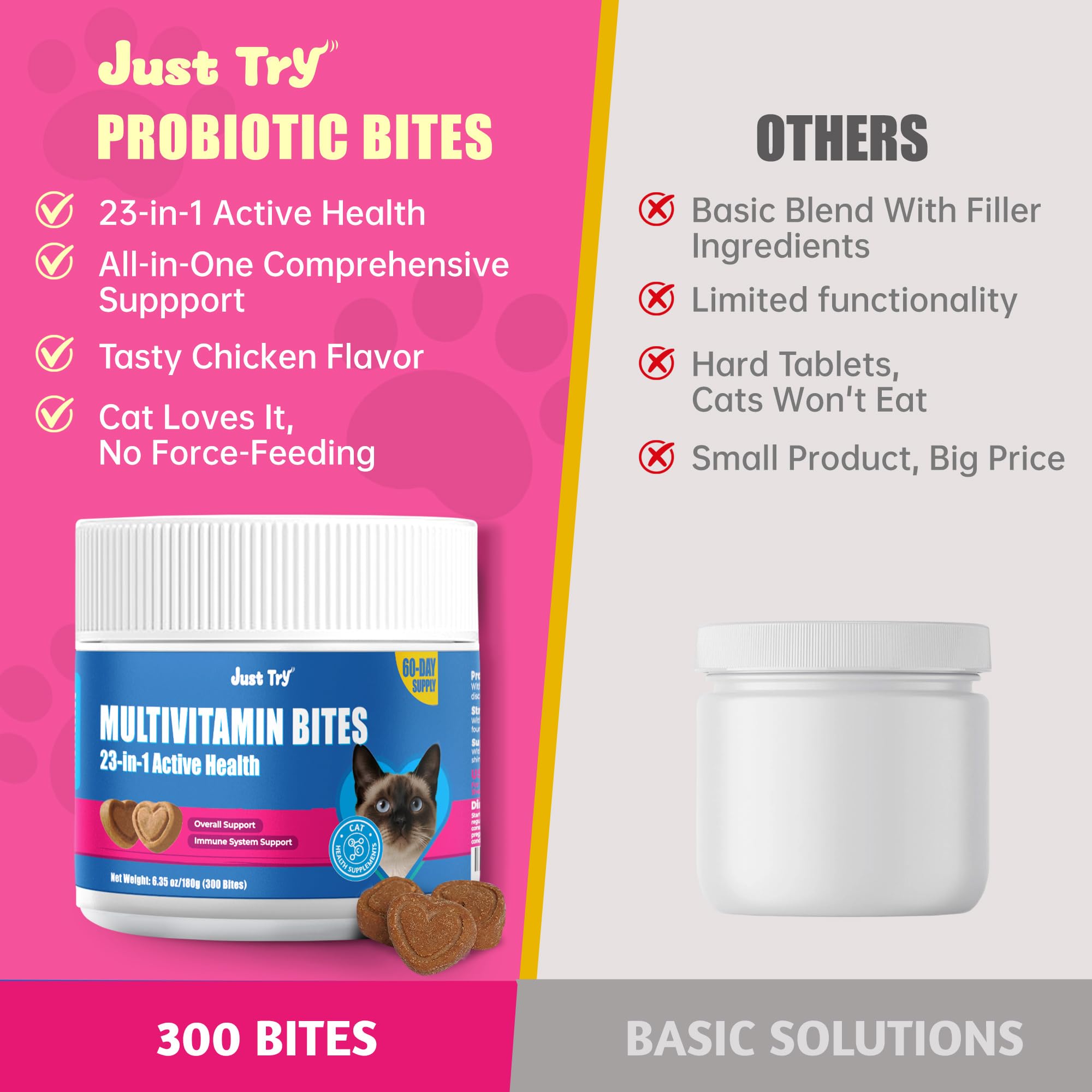 Just Try 23 in 1 Taurine cat bites turmeric adds natural anti-inflammatory notes.