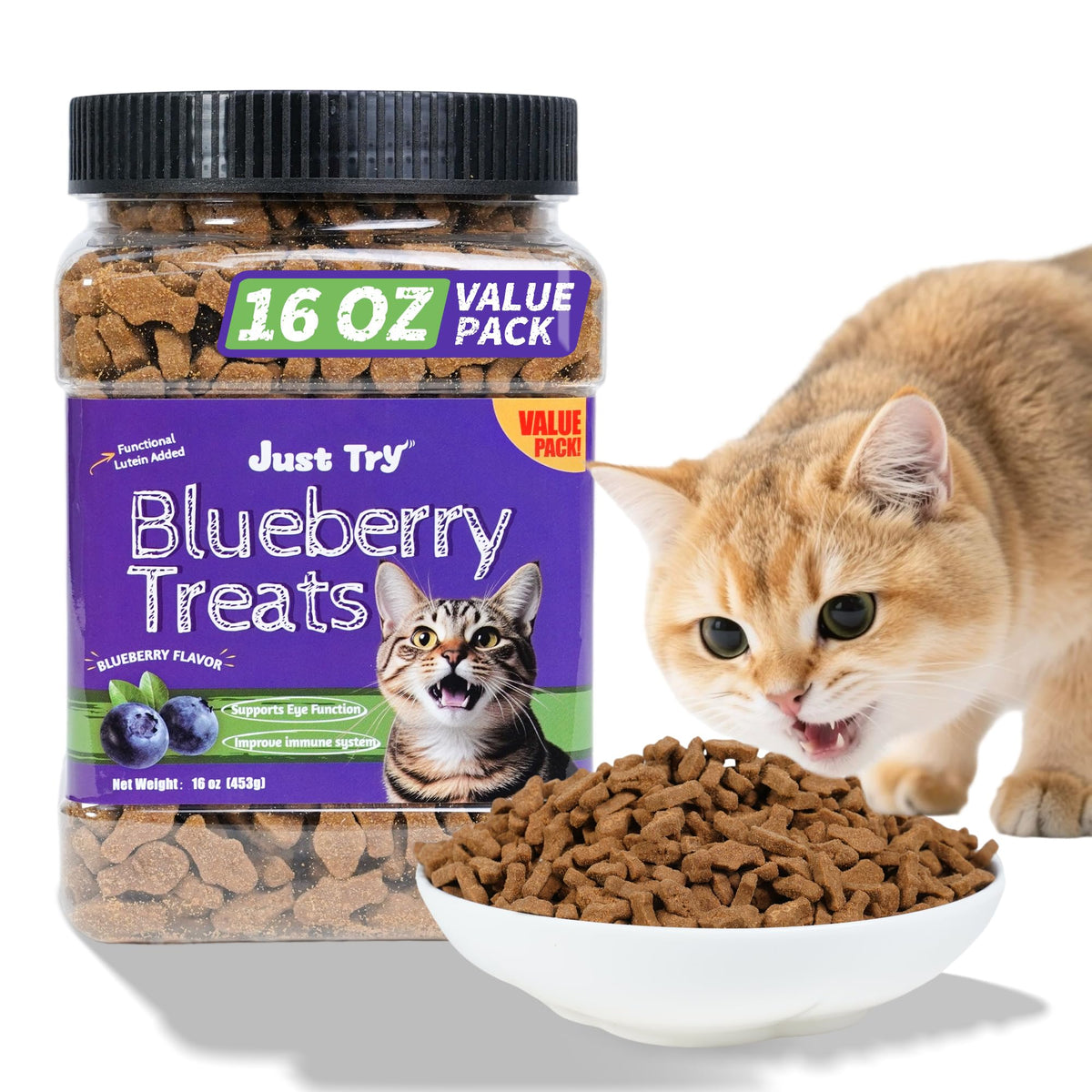 Just Try Blueberry Cat Treats packaging showing an airtight jar for freshness