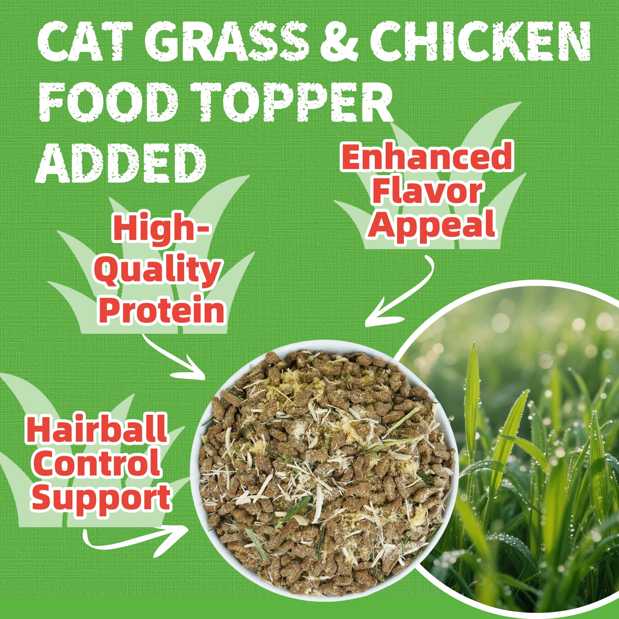 Just Try cat grass jerky treats crumbled topping image suggests digestion-support via fiber.