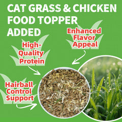 Just Try cat grass jerky treats crumbled topping image suggests digestion-support via fiber.