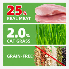 Just Try cat grass jerky treats serving dish highlights bite-size crunch for dental care.