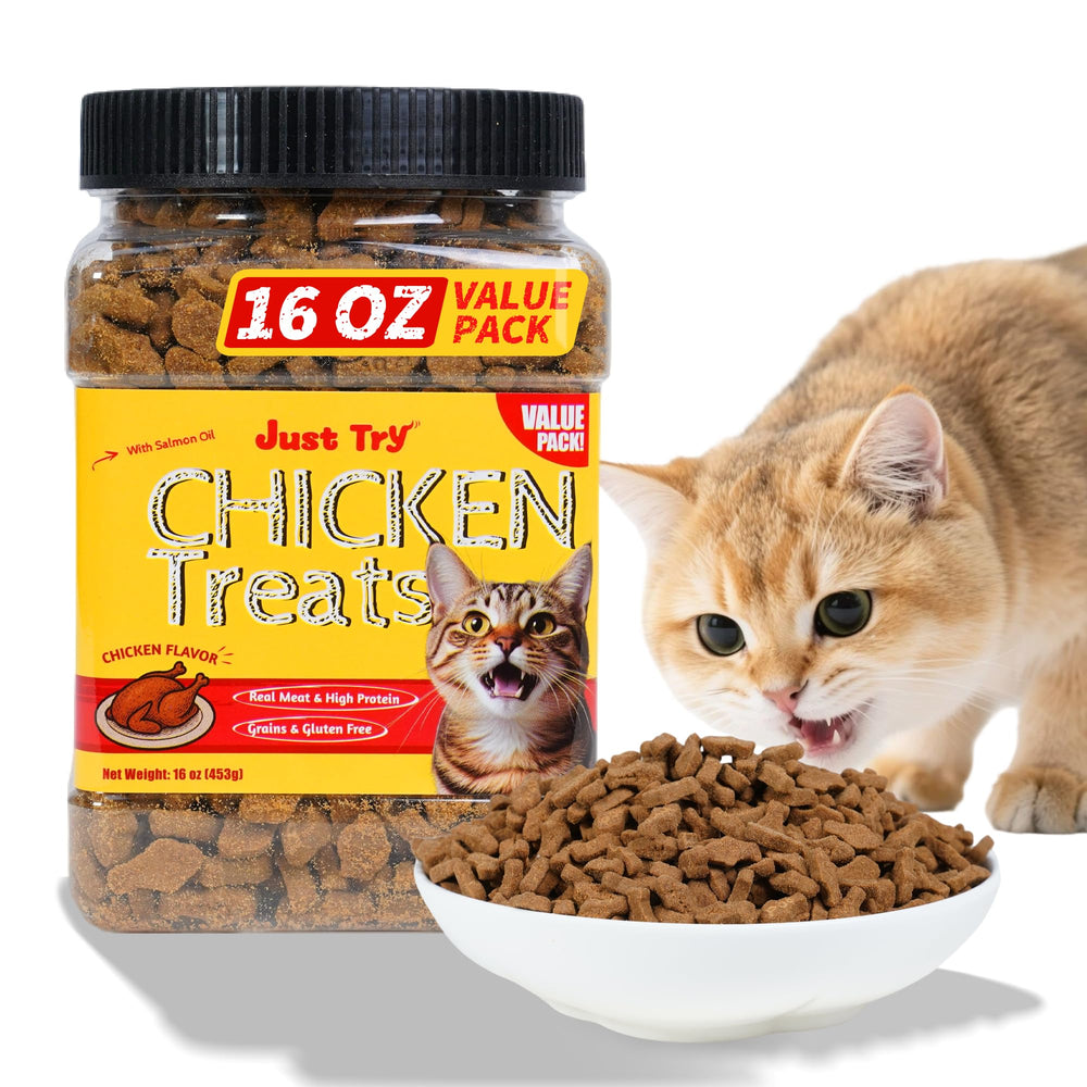 Just Try chicken cat treats jar of freshness for easy storage and daily rewards.