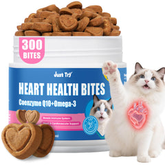 Just Try CoQ10 cat treat bottle shows chicken flavor for convenient heart-support supplementation.