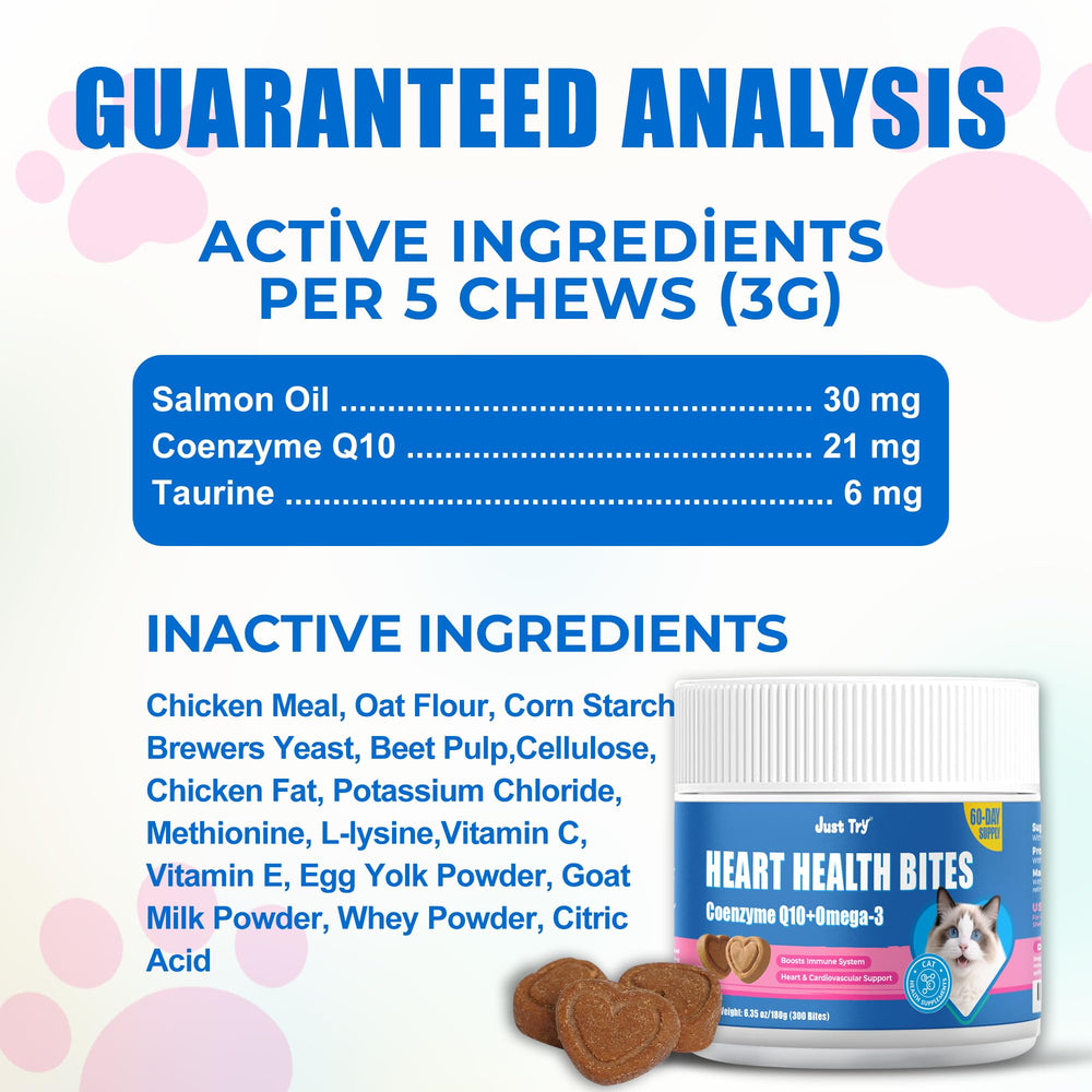 Just Try CoQ10 cat treat no artificial additives packaging emphasizing safety.