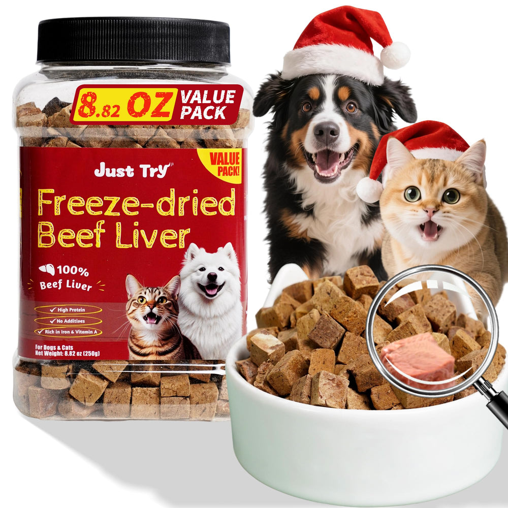 Just Try Freeze-Dried Beef Liver bag showing a protein rich treat for dogs and cats.