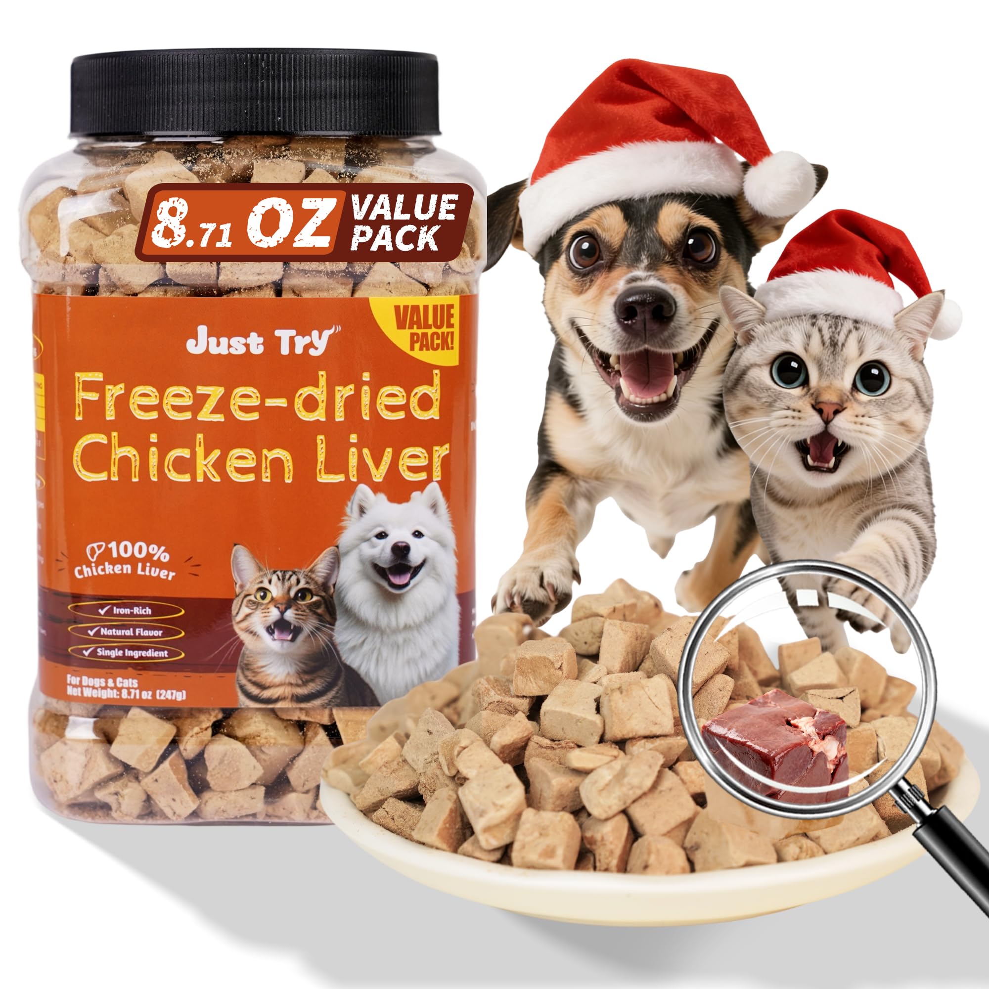 Just Try freeze-dried chicken liver treats for dogs—crunchy training reward.