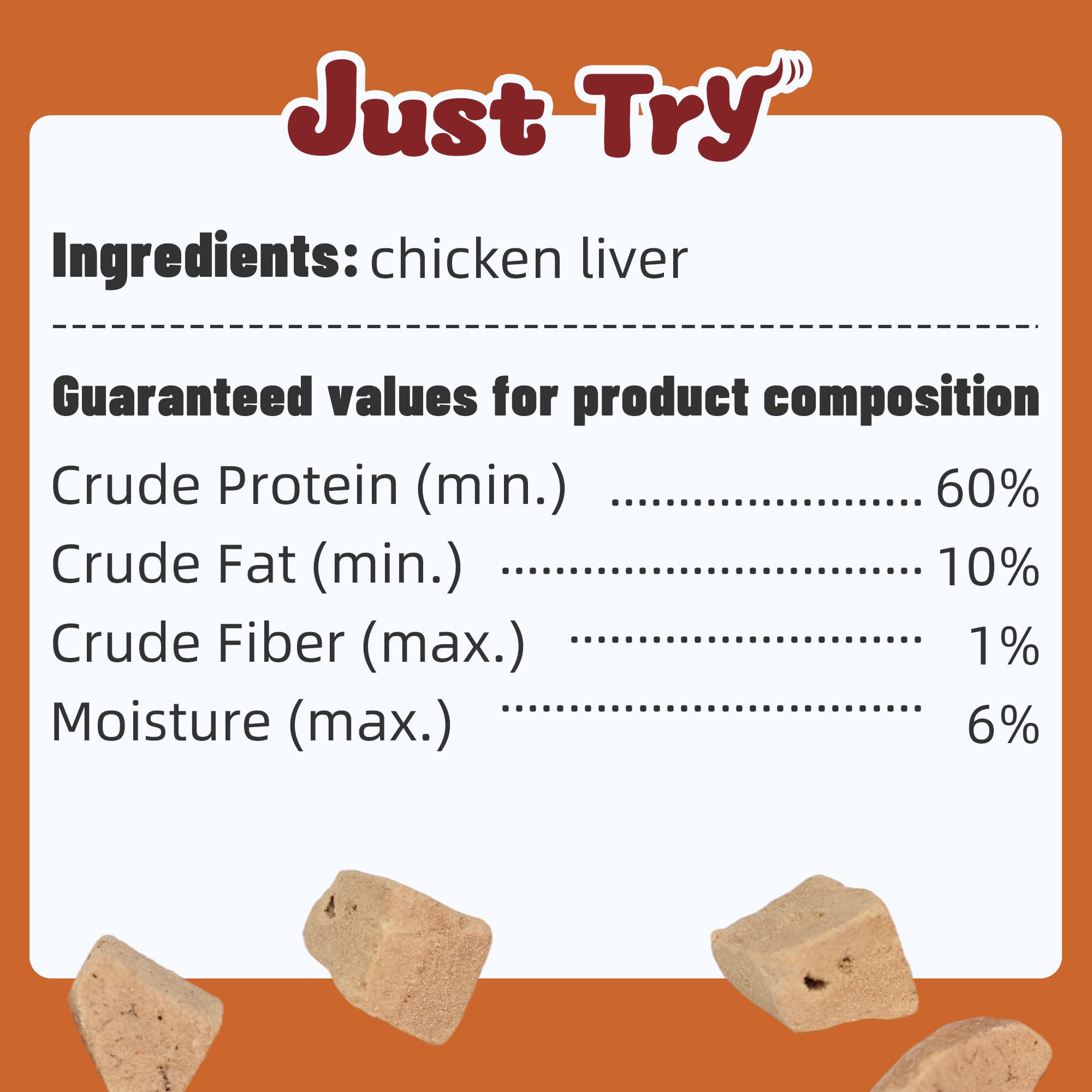 Just Try freeze-dried liver treats portioned for training and snacking.