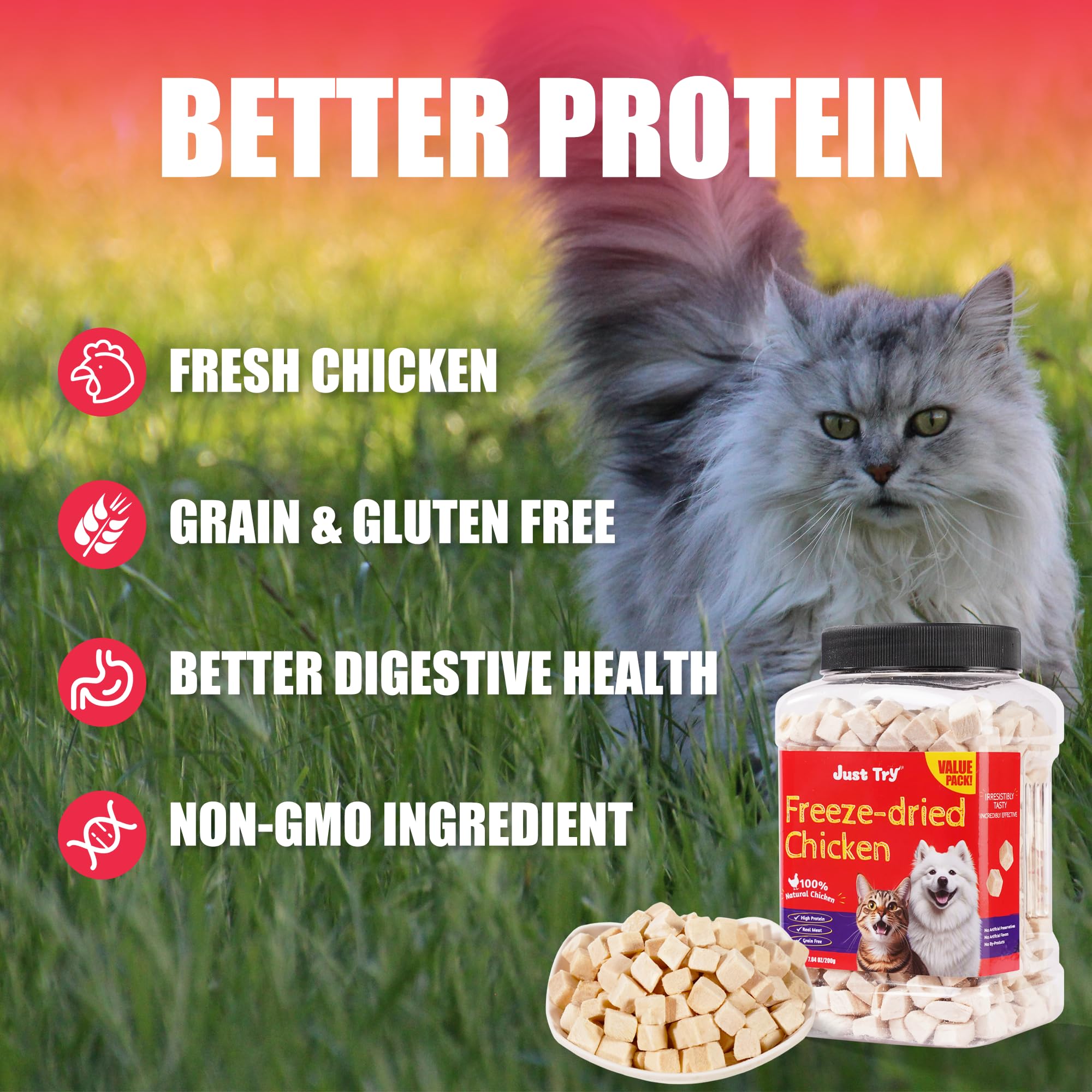 Just Try freeze-dried chicken treats as dog food topper for flavor boost.