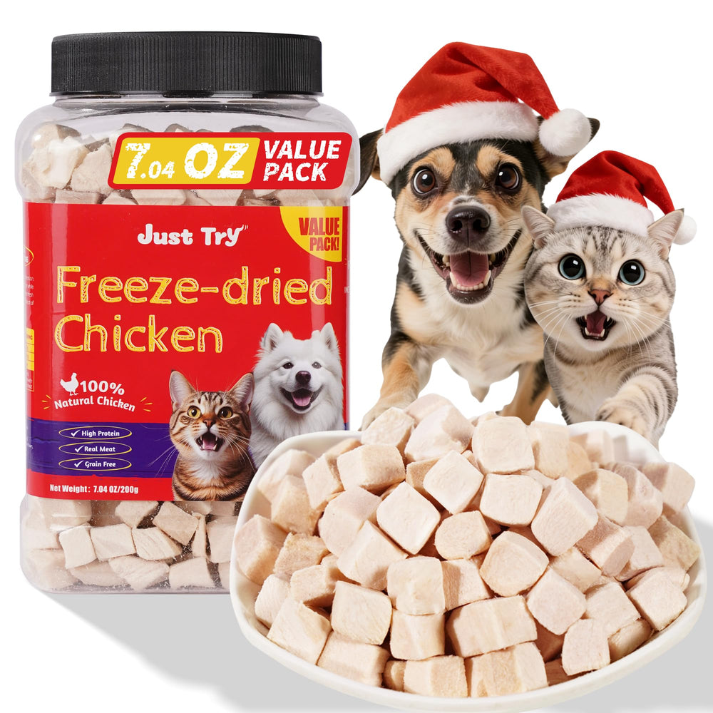 Just Try freeze-dried chicken treats jar closeup, high-protein snack for dogs and cats.