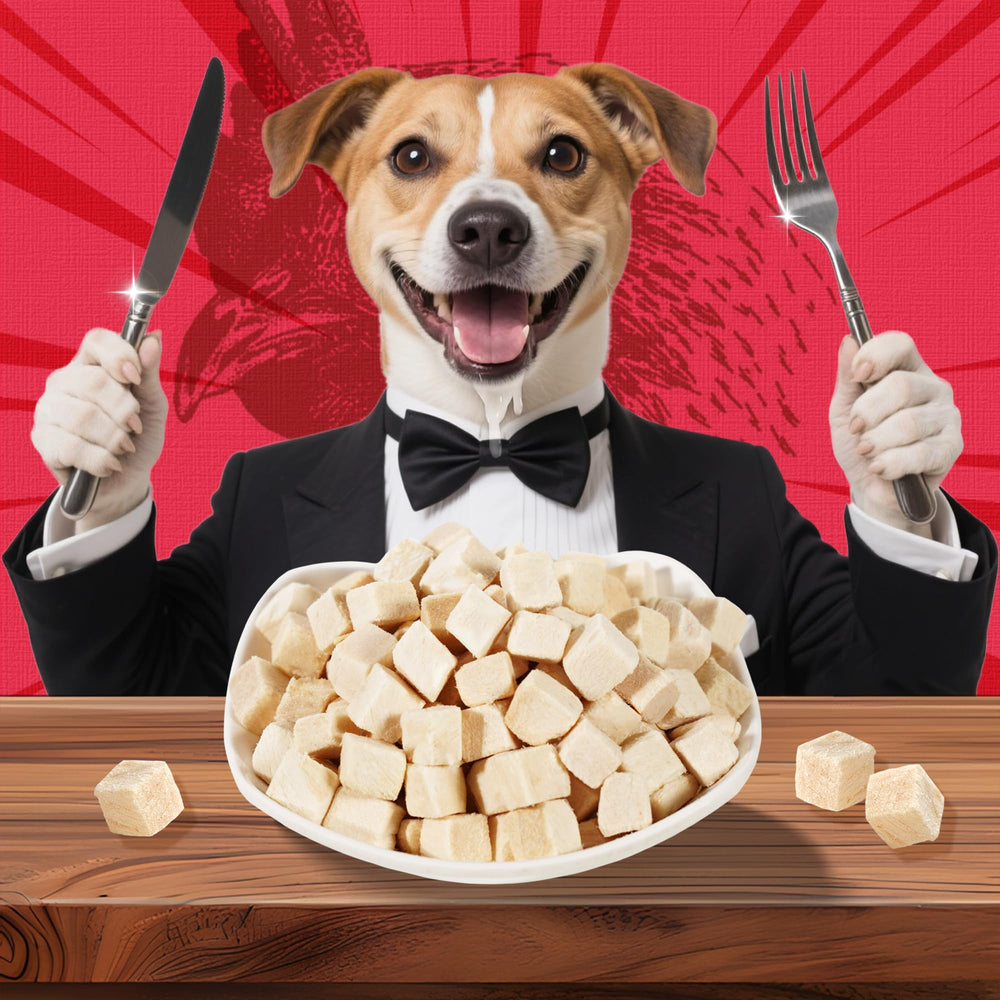 Just Try freeze-dried chicken treats raw chicken detail, single-ingredient nutrition.