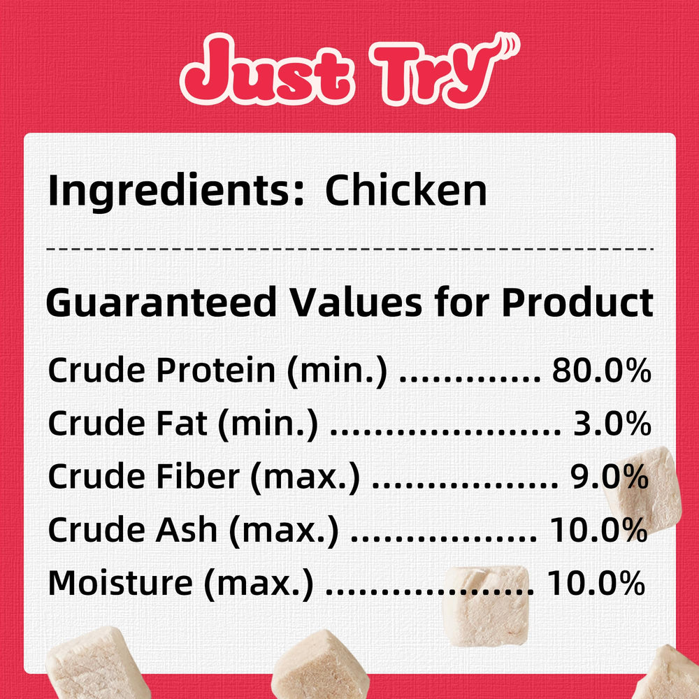 Just Try freeze-dried chicken treats training idea with small bite-sized pieces.