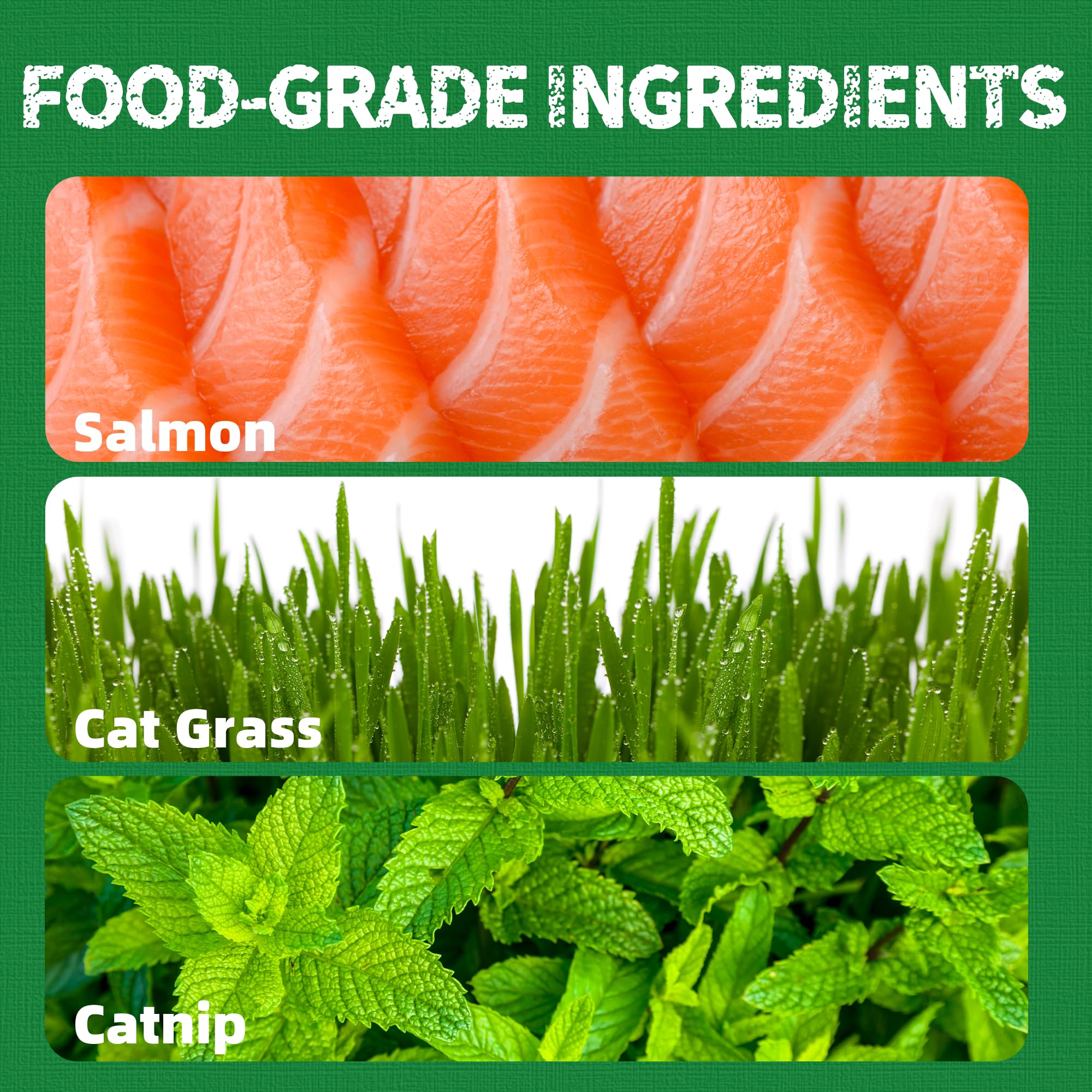 Just Try hairball-control treats with crunchy texture aiding dental care.