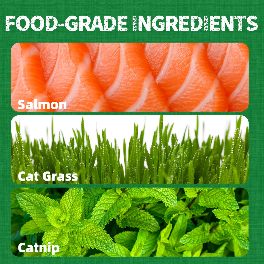 Just Try hairball-control treats with crunchy texture aiding dental care.