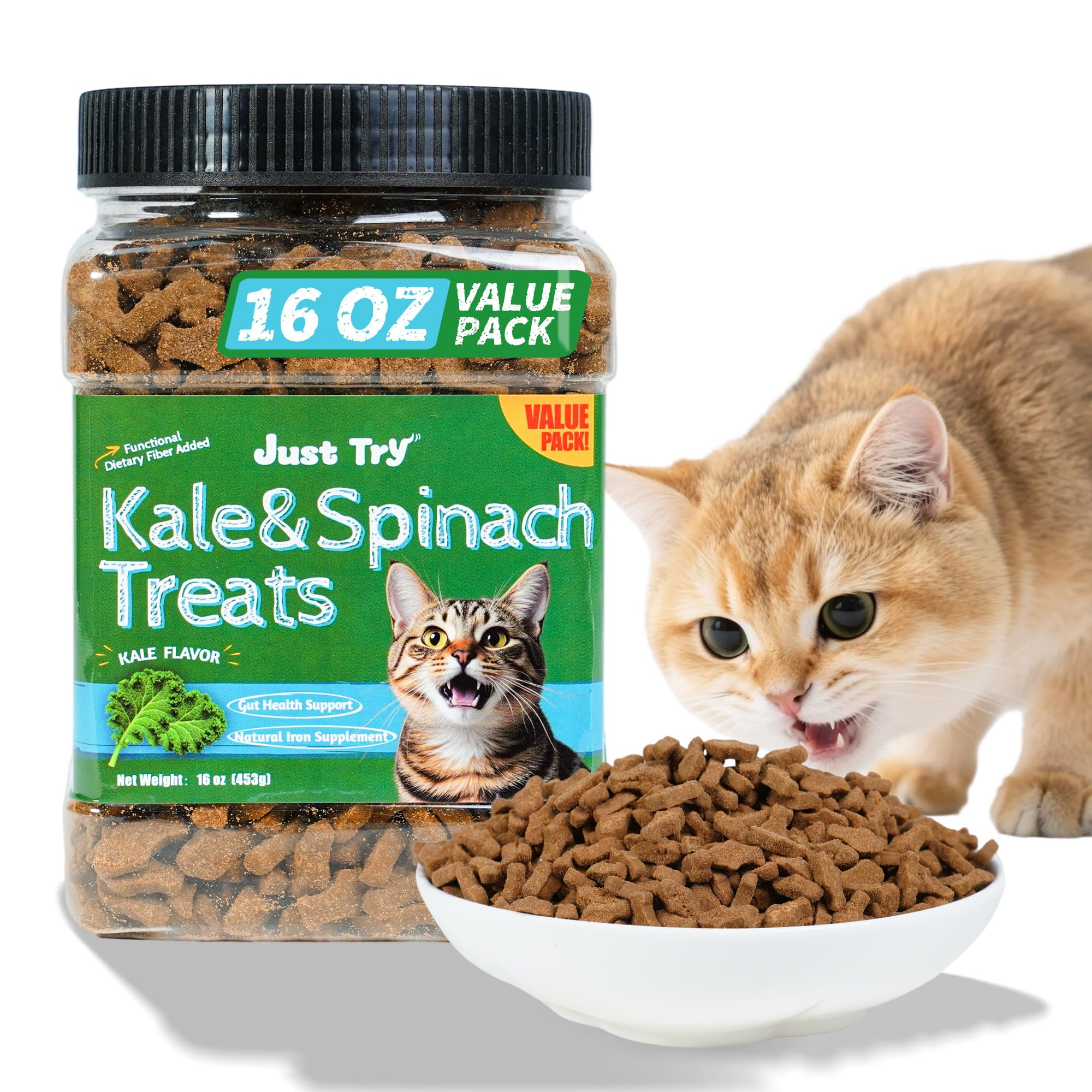 Just Try kale spinach cat treats jar closeup for fiber-rich snacking