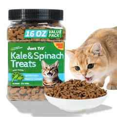 Just Try kale spinach cat treats jar closeup for fiber-rich snacking
