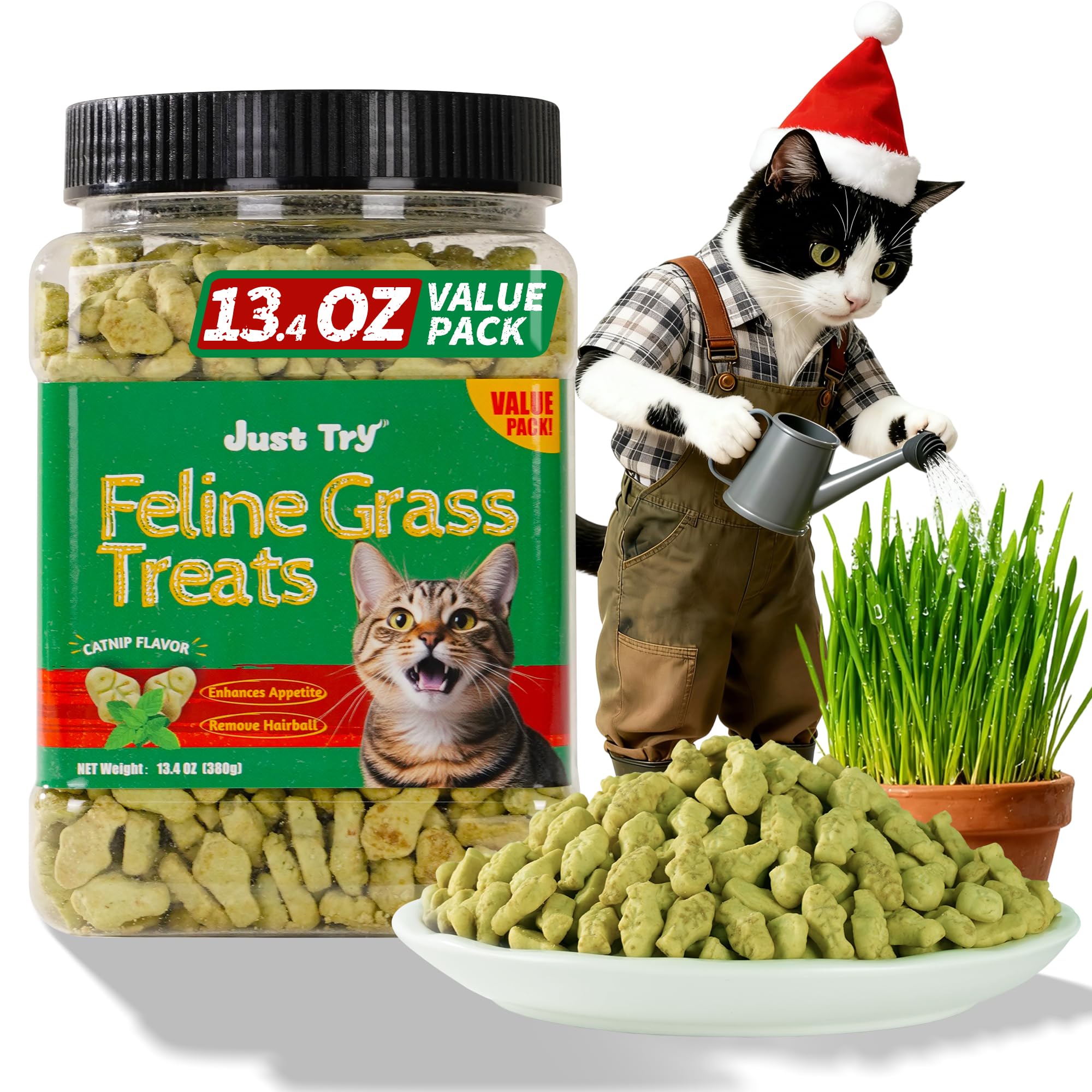 Just Try salmon cat treats—crunchy biscuits for hairball support in indoor cats.