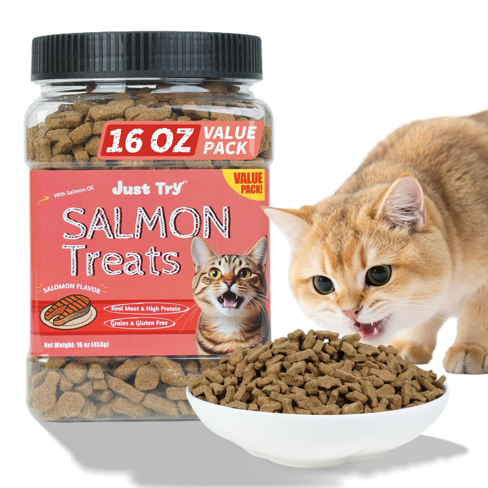 Just Try Salmon Cat Treats packaging in an airtight jar boosts freshness and convenience.