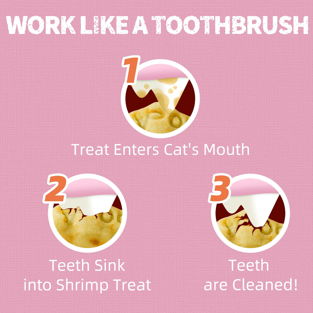 Just Try Shrimp Cat Treats dental benefit closeup — crispy bite to reduce tartar