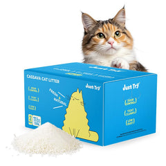 Just Try SnowPaww Casssava litter packaging highlights plant based ingredients for safer kitten use