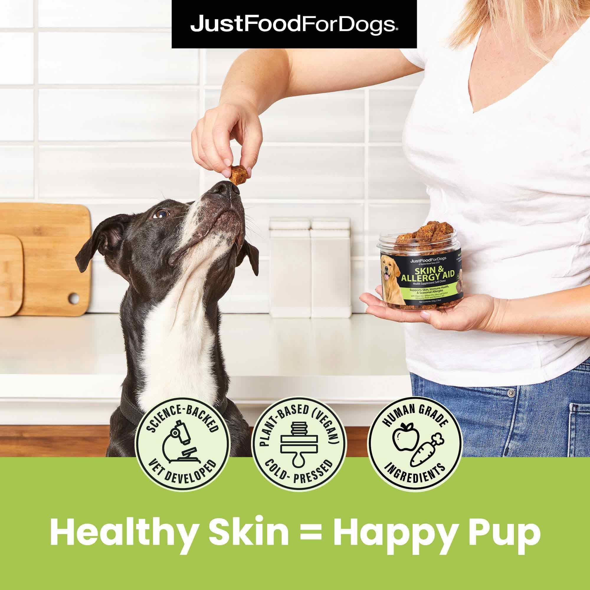 JustFoodForDogs algae-oil image—EPA and DHA support skin hydration and inflammation balance.