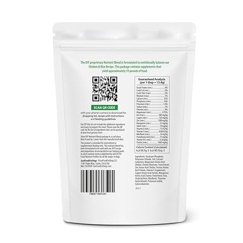 JustFoodForDogs DIY Nutrient Blend packet opened for meal prep.
