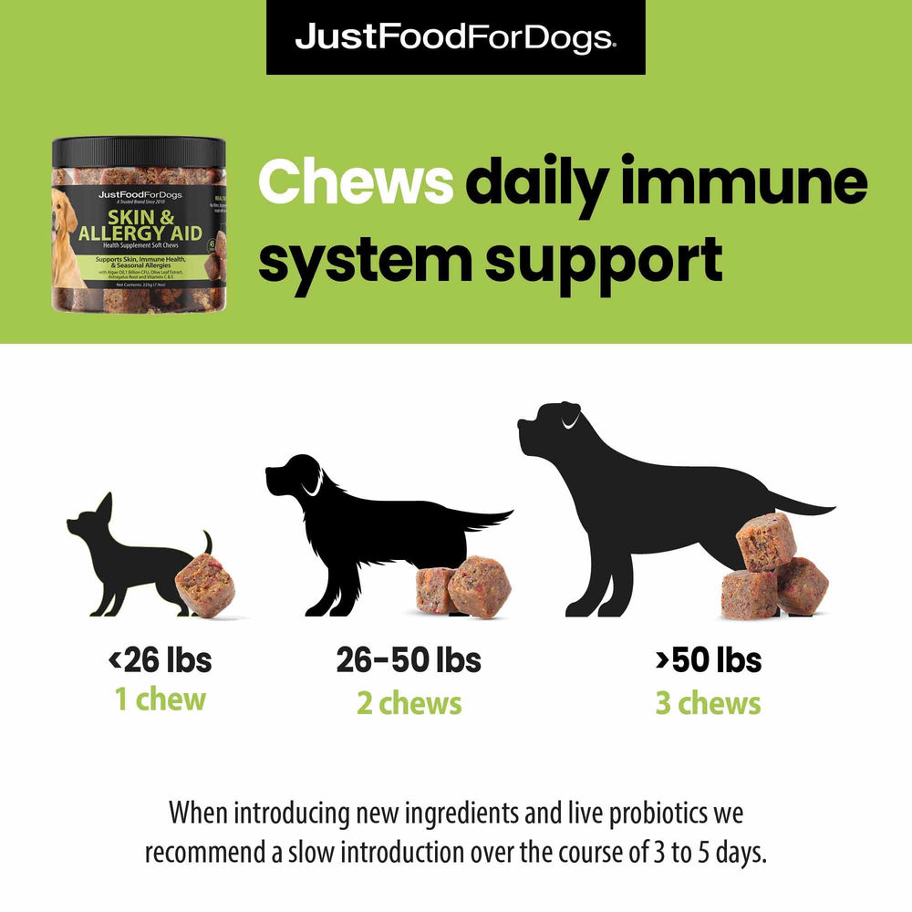 JustFoodForDogs dog enjoying soft chews—delicious daily supplement for seasonal comfort.