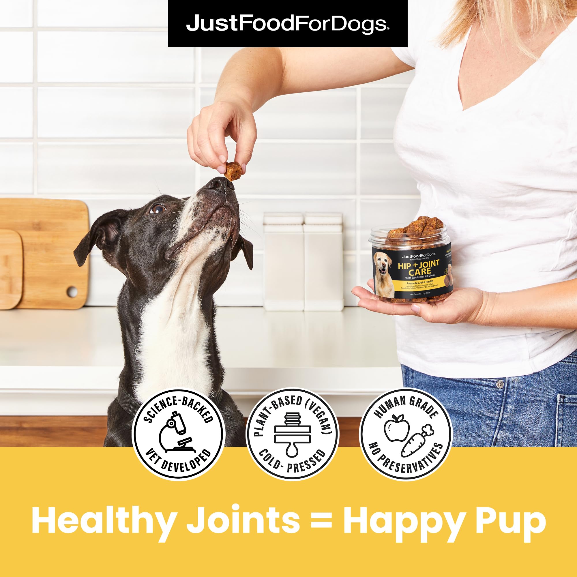 JustFoodForDogs Hip + Joint Soft Chews packaging displays cold-pressed, nutrient-preserving process.