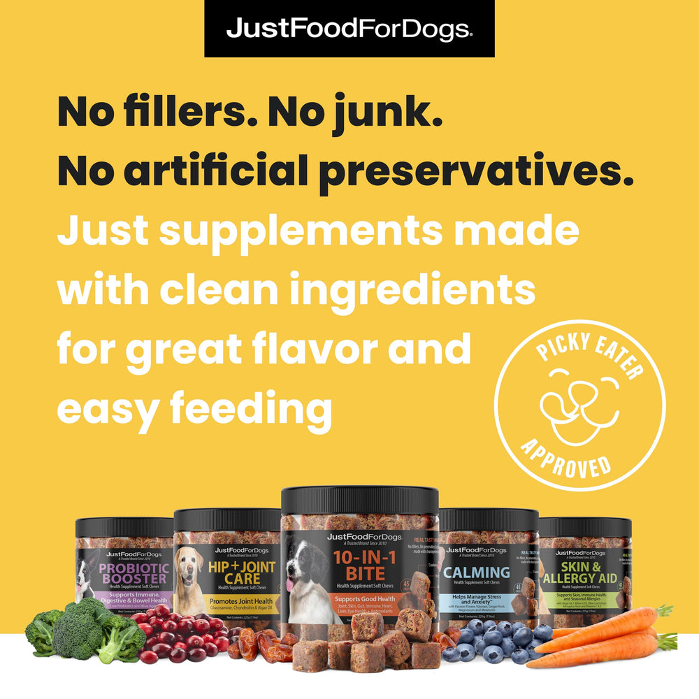 JustFoodForDogs Hip + Joint Soft Chews show blueberries and broccoli as nutrient-dense superfoods.