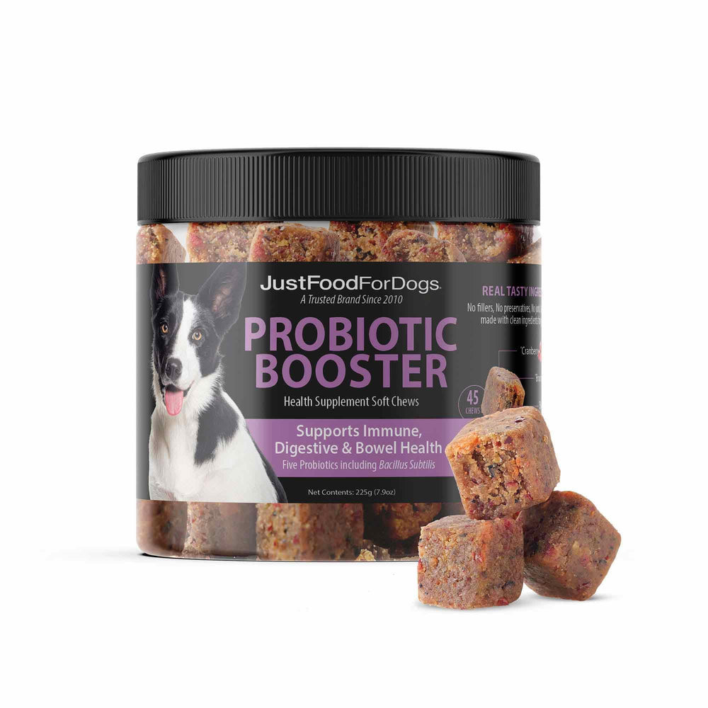 JustFoodForDogs Probiotic Booster bottle pour showing convenient daily gut support.