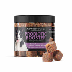 JustFoodForDogs Probiotic Booster bottle pour showing convenient daily gut support.