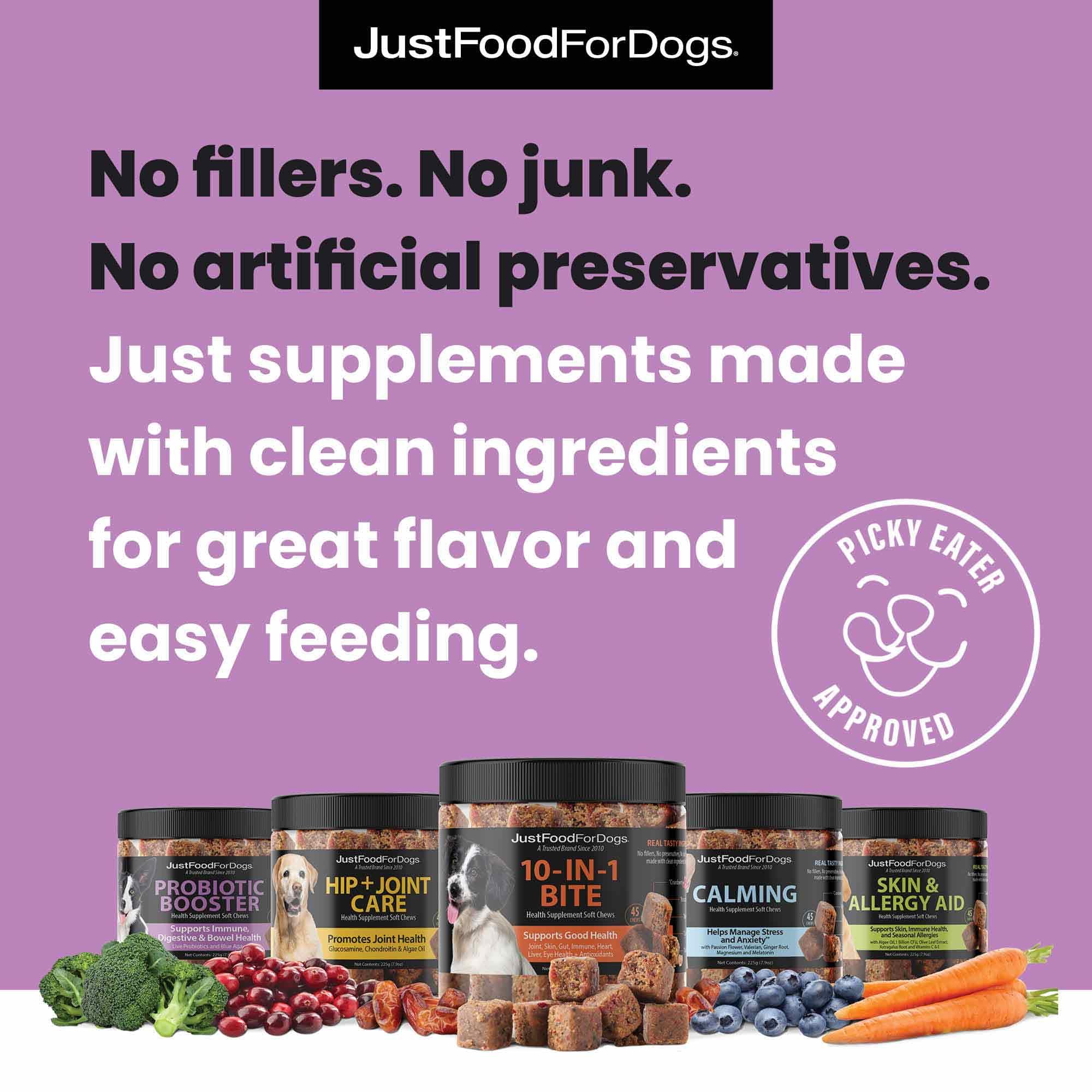 JustFoodForDogs Probiotic Booster label close up emphasizes clean ingredients and trust.