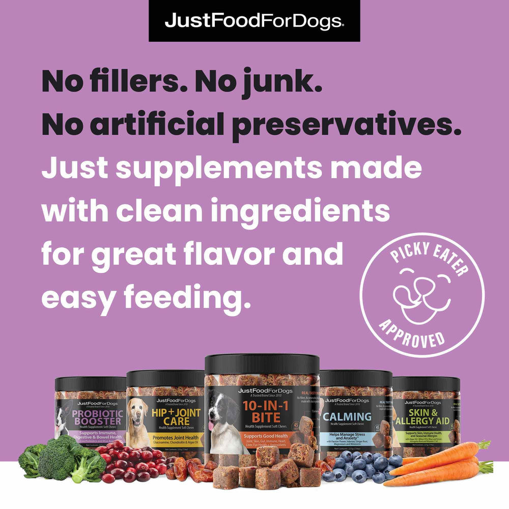 JustFoodForDogs Probiotic Booster label close up emphasizes clean ingredients and trust.
