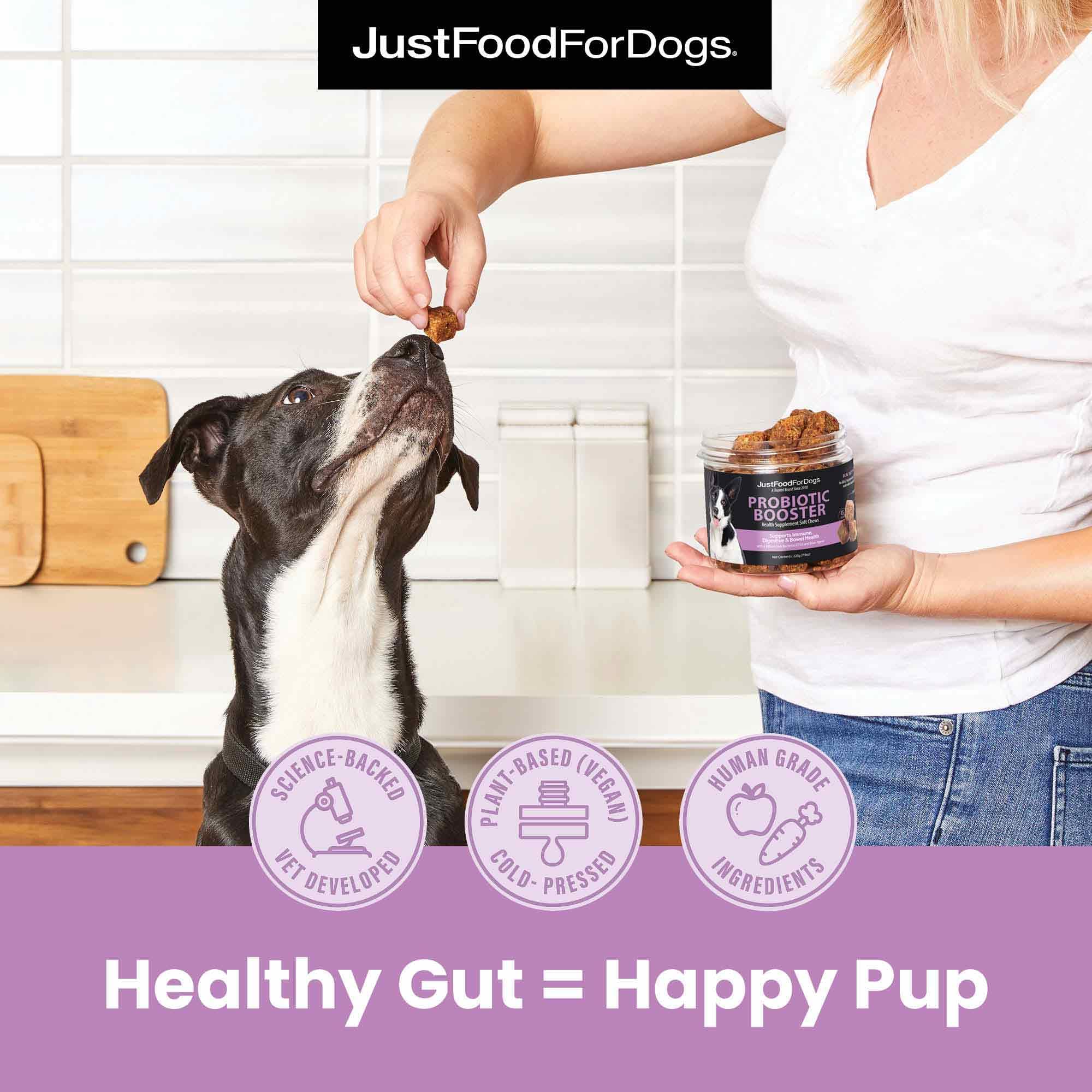 JustFoodForDogs Probiotic Booster packaging emphasizes premium cold pressed nutrients.