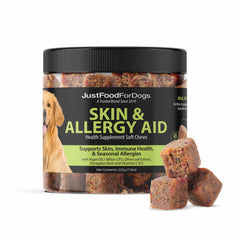 JustFoodForDogs Skin & Allergy Soft Chews bottle—immune-supporting nourishment for dogs.