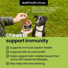 JustFoodForDogs Skin & Allergy Soft Chews closeup—plant-based ingredients for skin health.