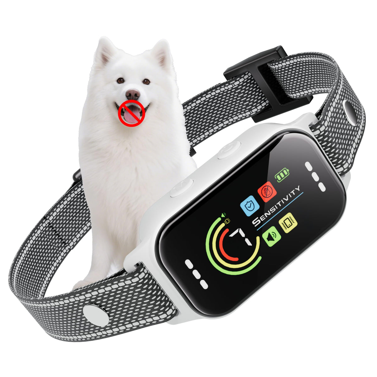 JEUJE dog bark collar closeup demonstrates a comfortable, humane training-ready design.